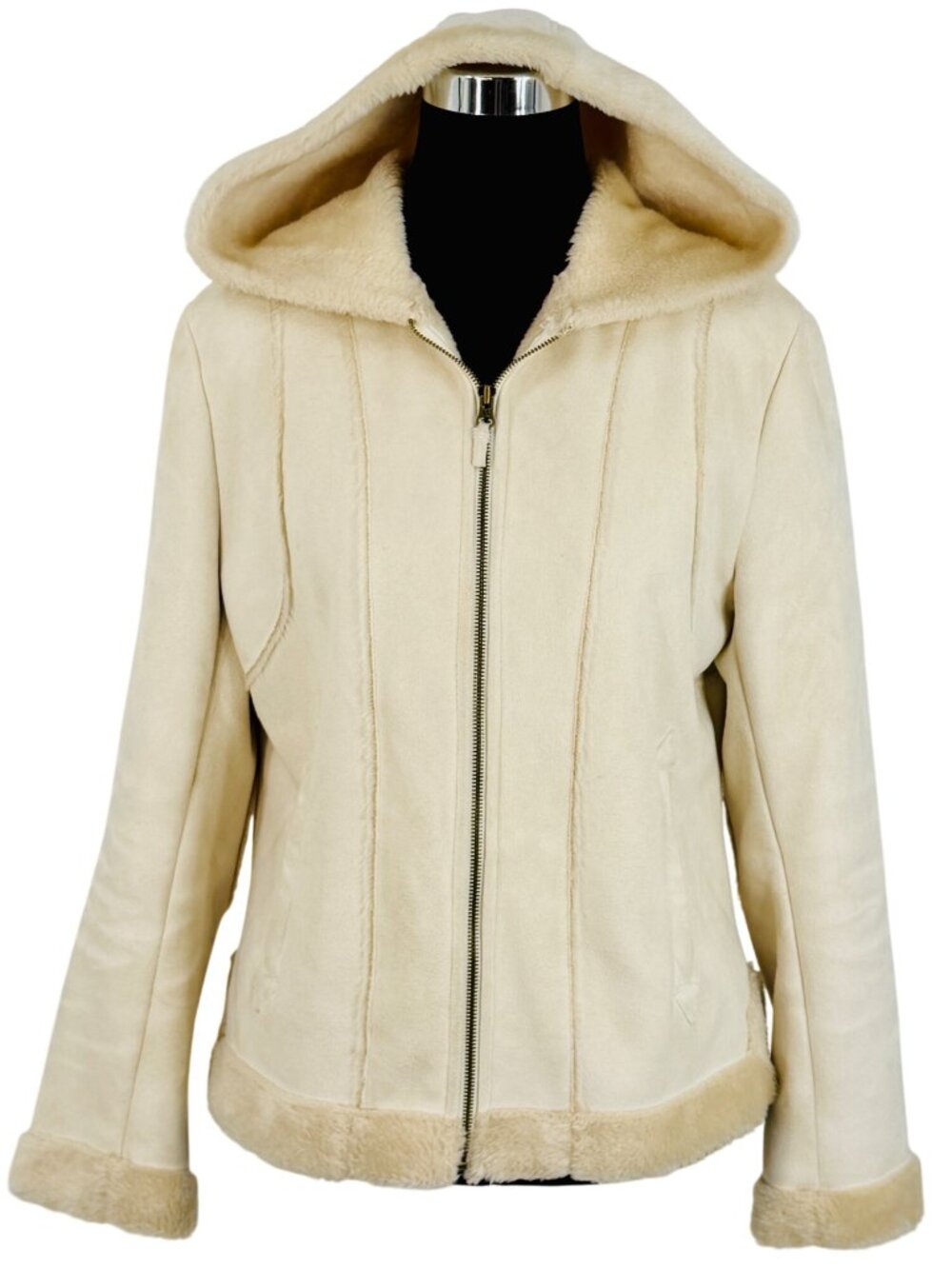Vintage Hydraulic Hooded Cream Faux Suede & Fur Penny Lane Coat L Y2K 90s Grunge - Picture 3 of 16